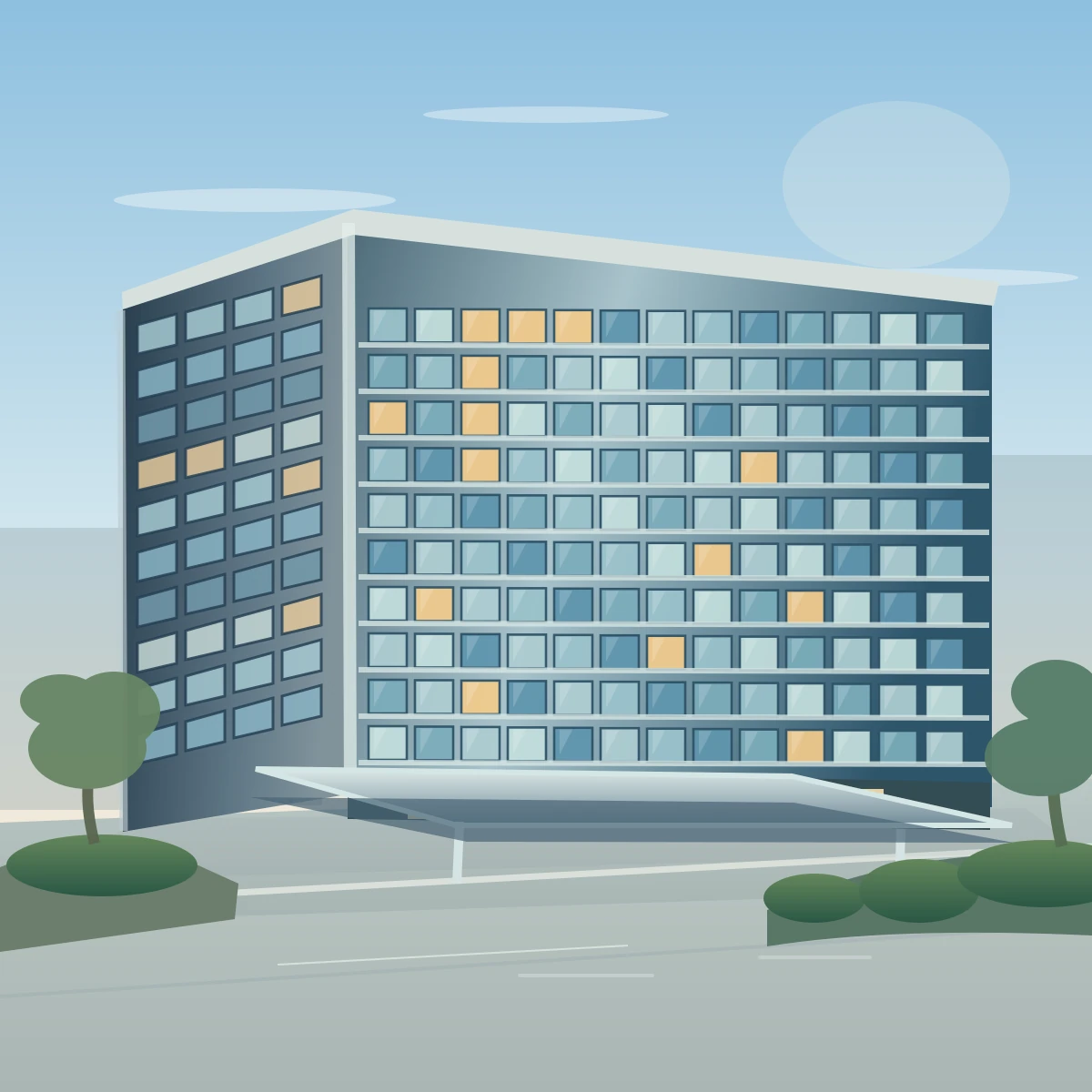Illustration of a multi-storey hotel and commercial property building