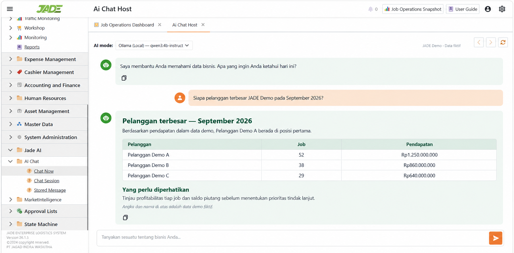 Percakapan JADE-AI dengan data bisnis fiktif