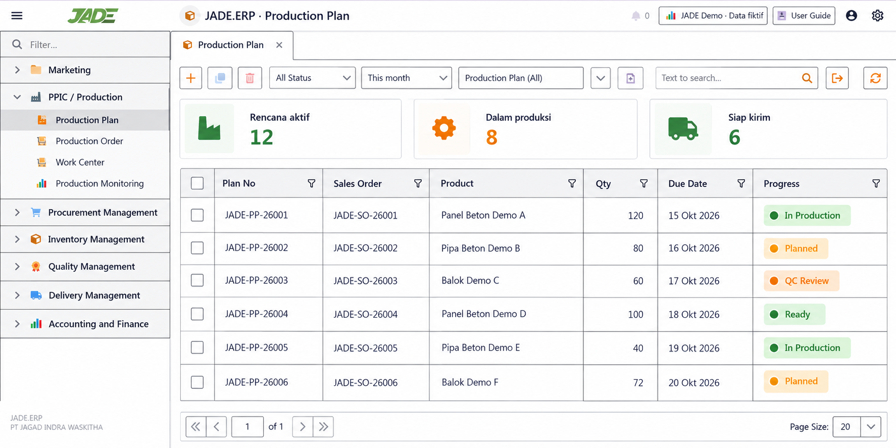 Mockup perencanaan produksi JADE.ERP dengan data bisnis fiktif