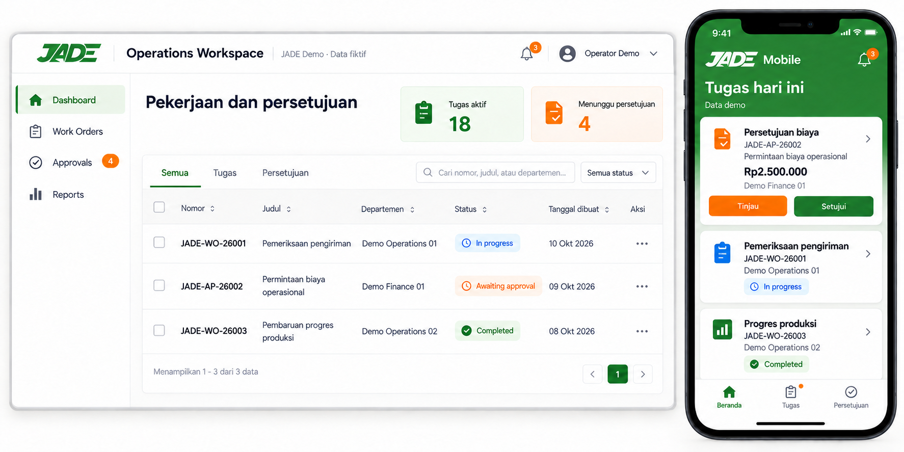 Mockup aplikasi web dan mobile JADE dengan tugas dan persetujuan fiktif