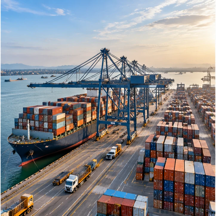 Illustrative cargo ship and container terminal